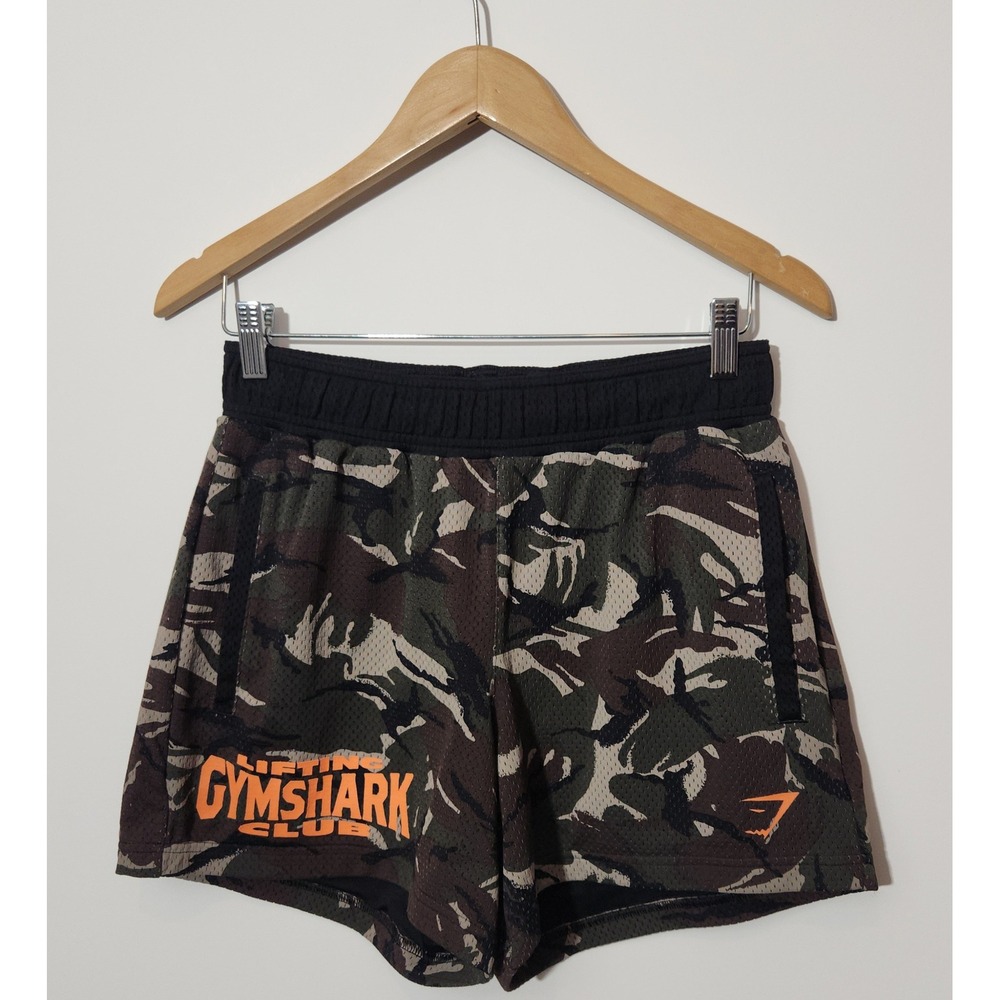 Gymshark Mens Lifting Club Printed Mesh 5" Shorts Camo Green Orange Size S - Picture 7 of 12